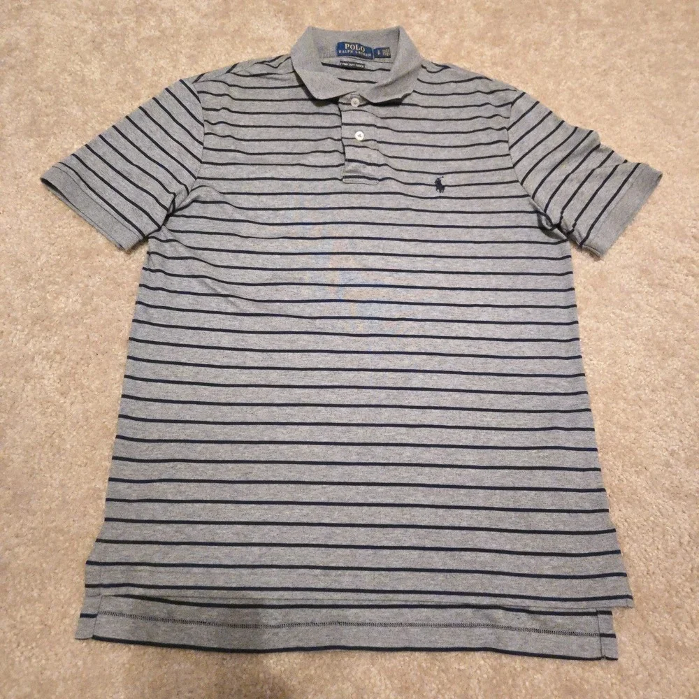 Polo Ralph Lauren Polo Shirt Mens Small Gray Blue Striped Pima Cotton Pony Logo